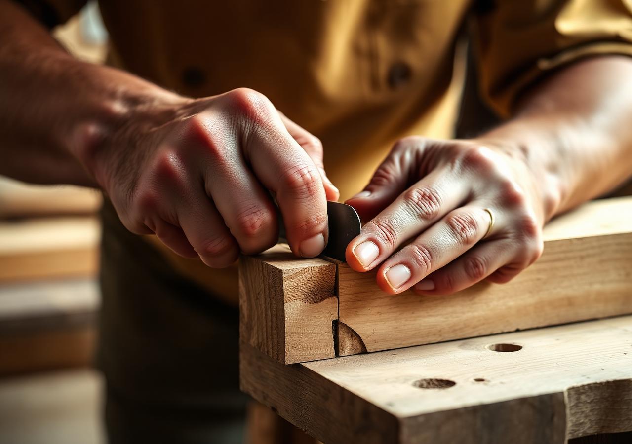 Joiner cutting a mortice joint by hand on an oak workpiece